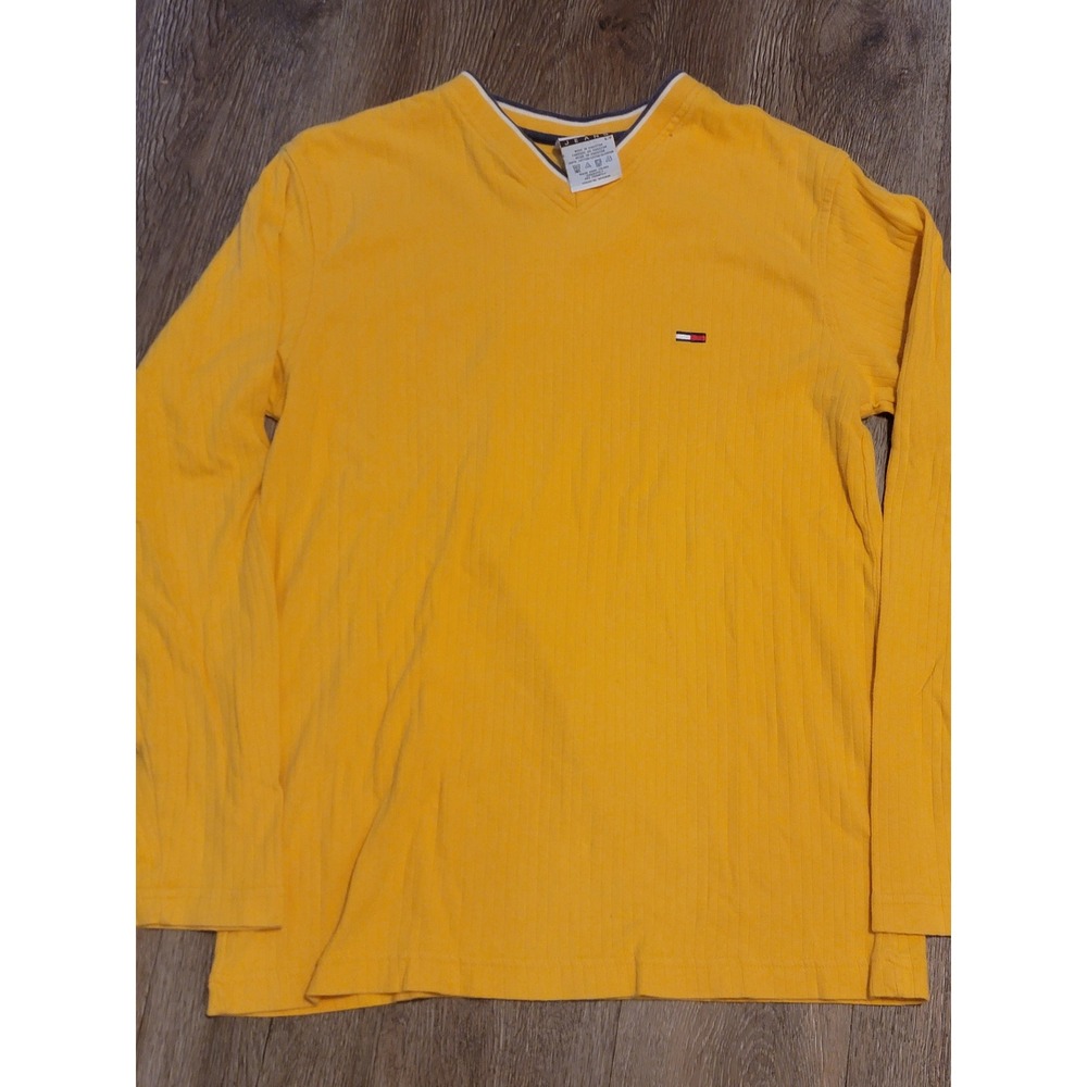 Tommy Jeans‎ Ribbed V-Neck Long Sleeve Tee Shirt Casual Top Yellow S